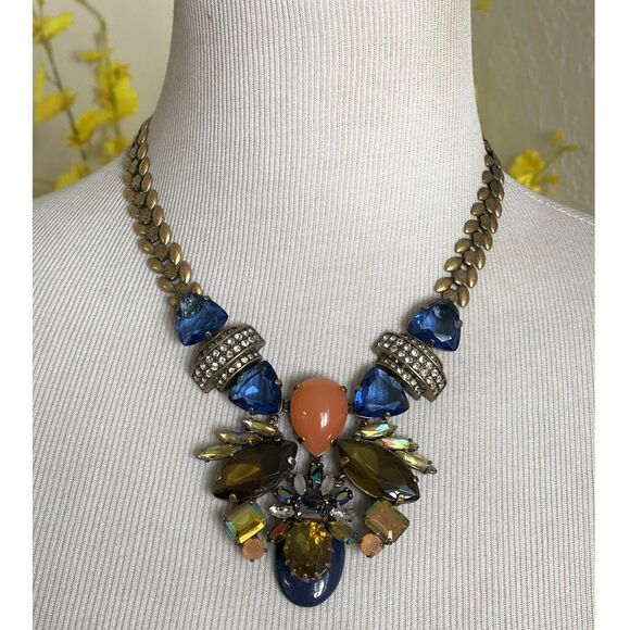 J Crew $165 Fall Stone Statement Crystal Rhinestone Chain Jewel Necklace Large - Picture 1 of 9